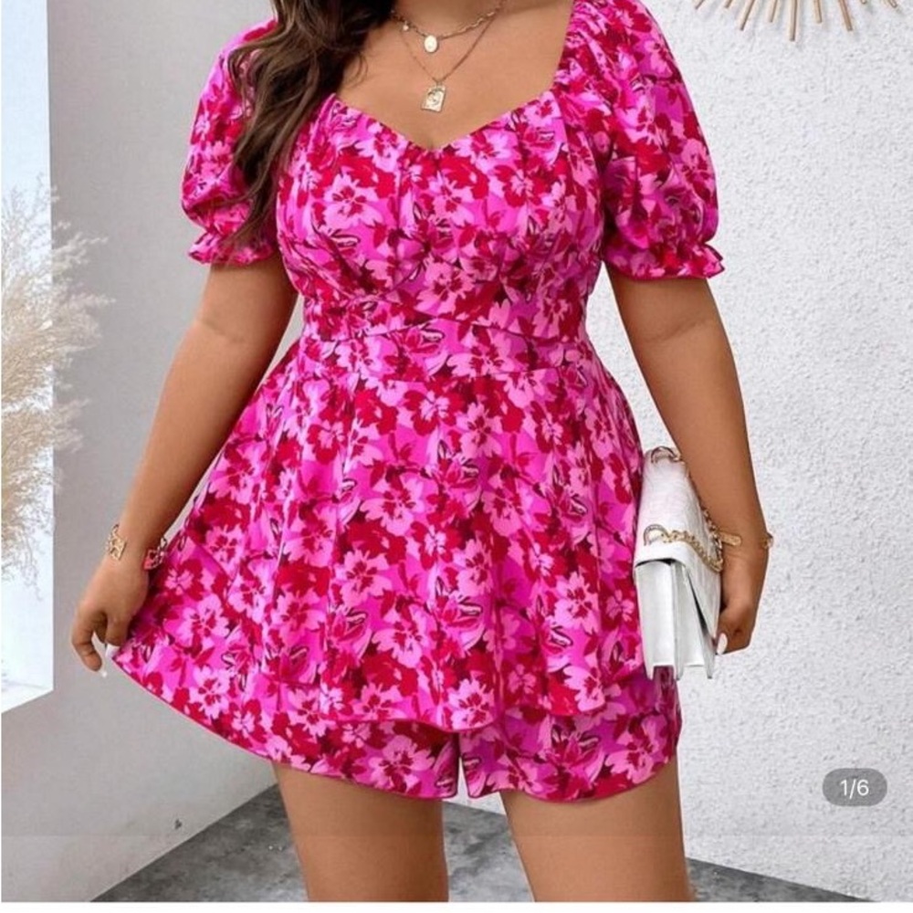 SHEIN Pink and White Puff Sleeve Sundress